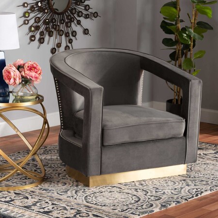 Baxton Studio Neville Modern Luxe and Glam Grey Velvet Fabric Upholstered and Gold Finished Metal Armchair 190-11616-ZORO